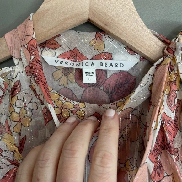 VERONICA BEARD Dali Top Floral Silk Sz 6 Pink Metallic Tie Neck Sleeveless Bouse - Picture 9 of 14